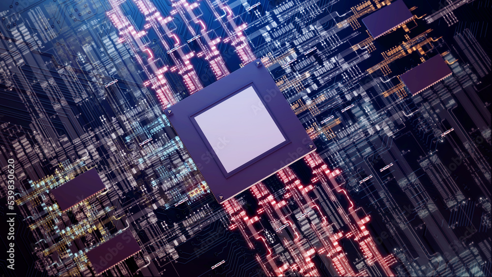 Aufkleber High Technology CPU on a Complex Circuit Microchip Board Surface. Digital close-up of a high-tech microchip and electronic circuits, symbolizing innovation and modern technology. 3d rendering