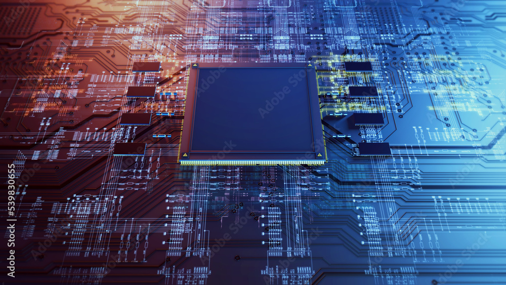 Aufkleber High Technology CPU on a Complex Circuit Microchip Board Surface. Digital close-up of a high-tech microchip and electronic circuits, symbolizing innovation and modern technology. 3d rendering