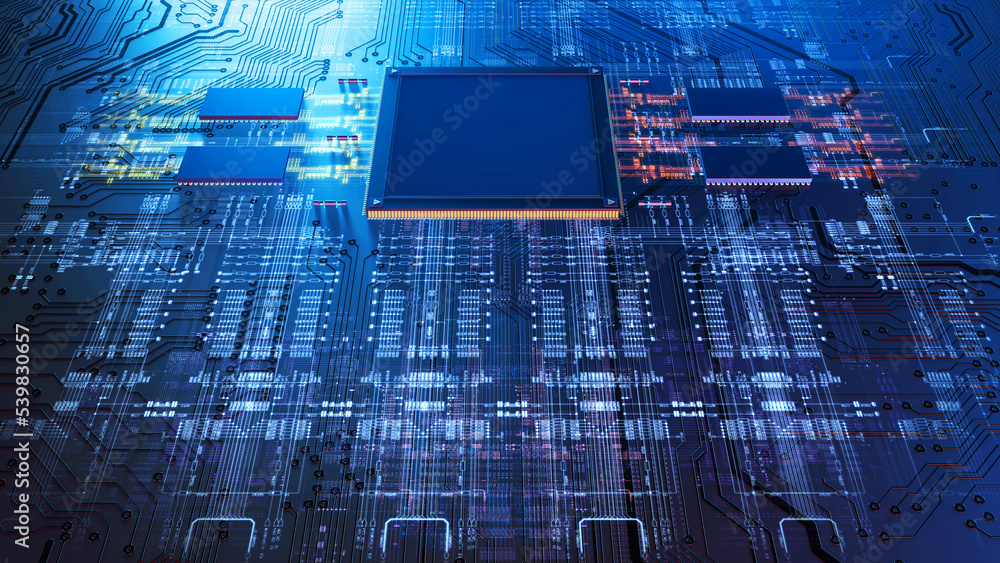 Aufkleber High Technology CPU on a Complex Circuit Microchip Board Surface. Digital close-up of a high-tech microchip and electronic circuits, symbolizing innovation and modern technology. 3d rendering