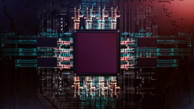 Macro image of a futuristic electronic circuit board with microchips and processors. Technology background concept. Technology background of the abstract computer motherboard. 
