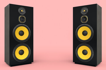 Hi-fi speakers with loudspeakers for sound recording studio on pink background.