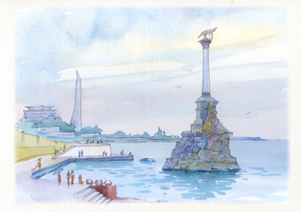Sevastopol city symbol: Monument to the scuttled ships. Watercolor landscape. Drawing for souvenirs. Crimean War.