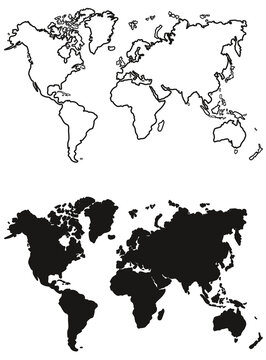 Mapa mundial, mapamundi contorno y silueta del mundo