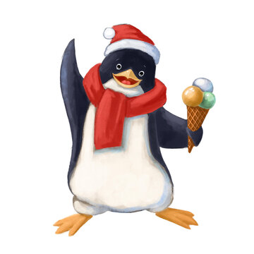 funny penguin with ice cream watercolor style illustration good for card and print design