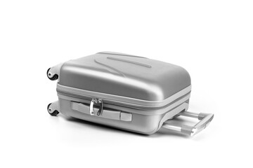 Travel suitcase isolated. Silver plastic luggage or vacation bag