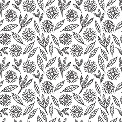 Hand drawn doodle leaves and flowers seamless patterm. Black and white branch with leaves vector background