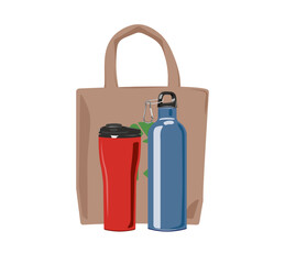 Ecological stuff - brown ecobag, red thermo mug and blue thermos