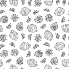 Doodle lemons seamless pattern. Hand drawn different lemon background