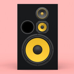 Hi-fi speakers with loudspeakers for sound recording studio on pink background.