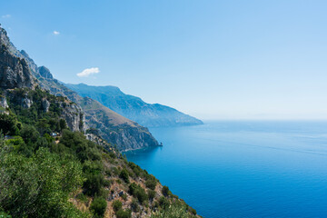 view of the sea and mountains at the Amalfi coast route SS163