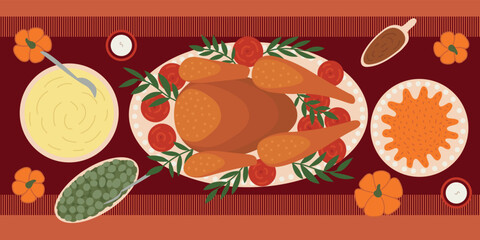Thanksgiving turkey and another dishes vector flat style table illustration. Thanksgiving menu table top view dishes. Turkey, mashed potatoes, beans and pumpkin pie