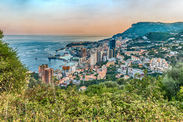 Fototapeta na wymiar Panoramic view of Monaco at sunset from the Grande Corniche