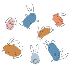 Set of funny rabbits in doodle style. The bunny is a symbol of 2023. Hare Vector graphics isolated on white background.