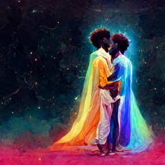 Two homosexual black people holding and kissing each other, night sky and stars background, glowing characters, afro hair, afro america, vibrant colors, beautiful union, LGBTQ+, diversity inclusion.