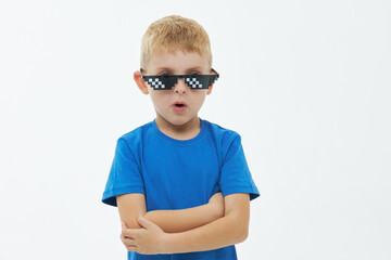 Portrait of a schoolboy in pixel glasses on white background. Cool dude boy guy