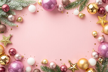 Christmas decorations concept. Top view photo of stylish white gold and pink baubles star ornaments...