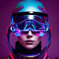 Portrait of cyber woman with neon glowing armor and modern helmet with vizor. Bionomic robot....