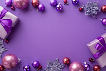 Christmas concept. Top view photo of lilac gift boxes with ribbon bows pink and violet baubles...