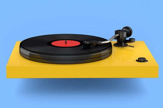 Vinyl record player or DJ turntable with retro vinyl disk on blue background.