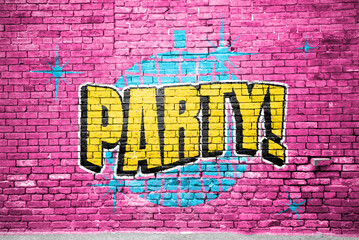 Party Disco Comic Style Bubble Graffiti Lettering on Brick Wall 