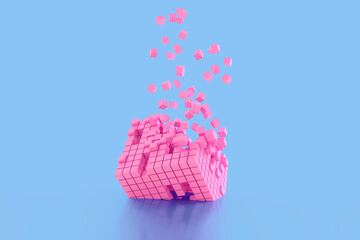 Abstract creative modern pastel pink and blue 3D background a three-dimensional cube lying on its side and exploding small cube particles flying out of it. 3d illustration