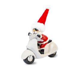 Santa Clause on a motorcycle, isolated on a white background