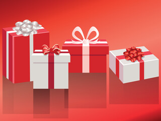 Gift boxes set. Christmas or birthday presents with colorful wrap, ribbons and bows greeting cards 