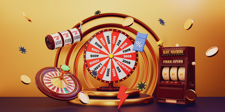 Online casino. 3D realistic roulette wheel and slot machine on purple podium and gold background. 777 Big win concept banner casino. Gambling concept design. 3d rendering illustration..
