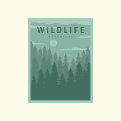 pine tree forest modern poster art illustration design, wildlife landscape poster monochrome color