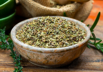 Herbes de Provence, mixture of dried herbs typical of the Provence region, blends often contain savory, marjoram, rosemary, thyme, oregano, lavender leaves, used with grilled foods and stew