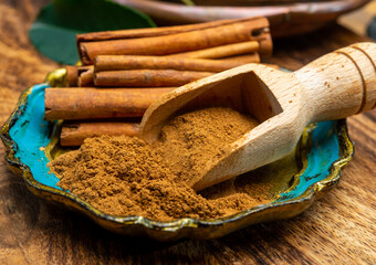 Indian spices collection, dried aromatic cinnamon barks and another spices in clay bowls