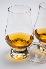Tulip-shaped tasting glasses with dram of Scotch single malt or blended whisky on white background