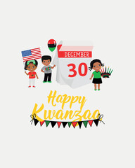 Happy Kwanzaa card. Congratulations on the fifth day of Kwanzaa. African American holidays card. Happy kids. December 30