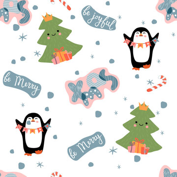 Christmas seamless pattern with fir trees, penguin with garland  and lettering Be Merry,Be joyful.Blue,green and pastel pink colors on white.Print on fabric and paper.Vector cartoon flat illustration.