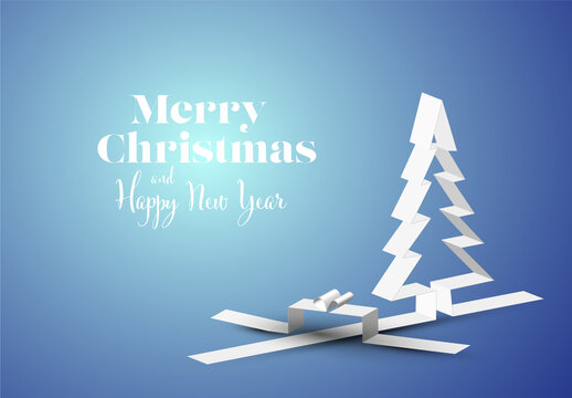Merry Christmas Card with a White Tree and Gift Box Made from Paper Stripes