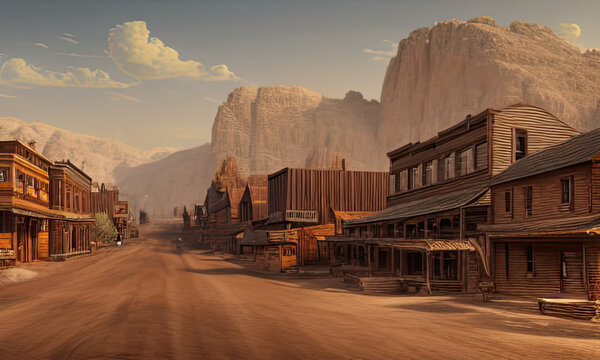 main street and rundown building in old west ghost town at that foot large desert mountains, digital matte painting
