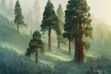 AI-generated shot of beautiful sequoia trees in a misty forest - obrazy, fototapety, plakaty