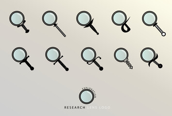 Search lens with sword handle, icon set. Magnifying glass symbol with nordic, medieval, classic and japanese handle. Trendy graphic design: black and white logo idea for exploration concept.