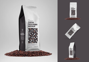 4 Gusset Pouch Bag Mockup on the Coffee Beans