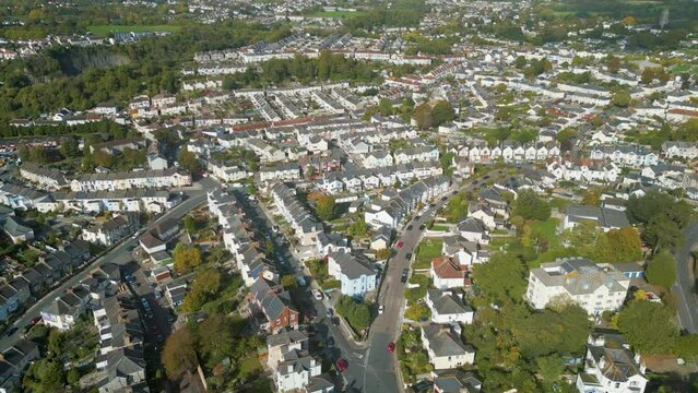 Over typical suburban neighbourhood houses in England