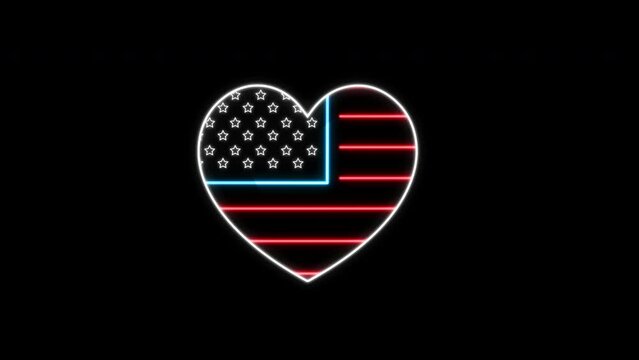 Flashing neon sign of the US flag in a heart shape. United States of America flag for Valentines day. Glowing lights blinking on and off. Isolated on black background for overlay.