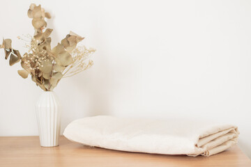 Natural color cotton linen fabric. Closeup textile background.