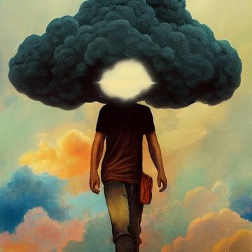 AI generated art of a male with a gray cloud instead of head  ,concept of overthinking