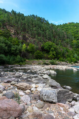 mountain river, sources in the canyon of the stone bed, panorama of the area,