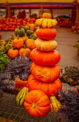 Tower of pumpkins at an autumn garden center with ornamental kale and blurred background of colorful tent and straw
