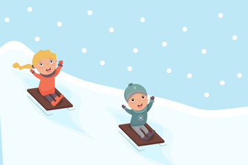 Girl and a boy are sledding down the mountain. Winter holidays. Vector illustration. Winter sport.