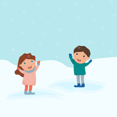 Children play outside in winter. A cheerful girl and a boy are enjoying the snow. Winter holidays. Vector illustration