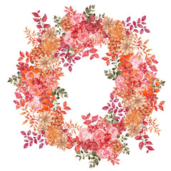 Watercolor autumn wreath with fall flowers, leaves, berry and mushroom, isolated on transparent background, PNG files. Forest snails and floral composition
