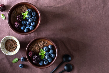 Obraz na płótnie Canvas Delicious chocolate mousse or panna cotta with blueberries and blueberries on a dark fabric background.