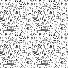 template pattern Seamless pattern of Christmas elements on a white background in doodle 
Santa, Christmas tree, gifts, sweets, stars, snowflakes, snowballs, decorations, sled. Vector for winter design